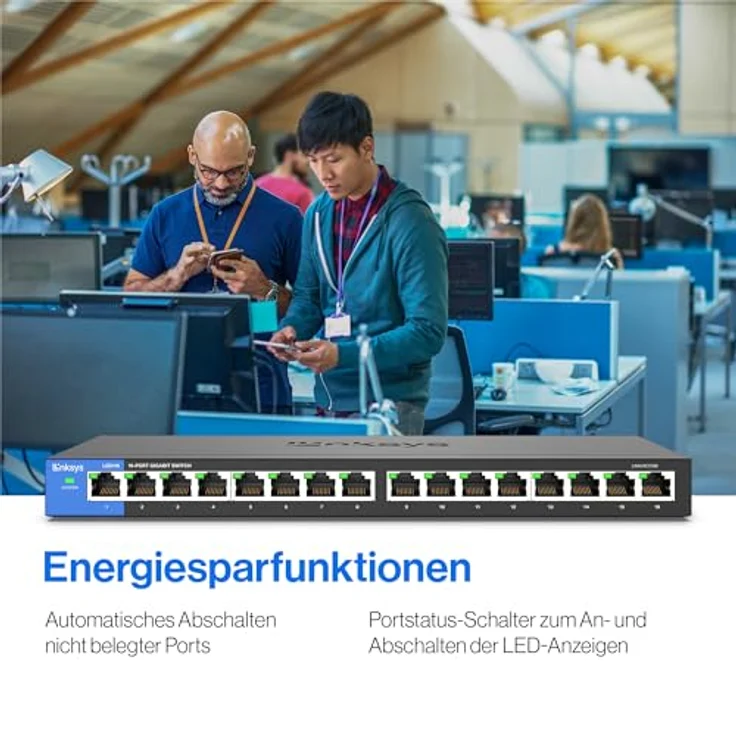 Linksys LGS116-EU 16-Port Unmanaged Gigabit Netzwerk Switch (Lüfterlos, Auto Sensing, Energiesparfunktion) schwarz – Bild 6