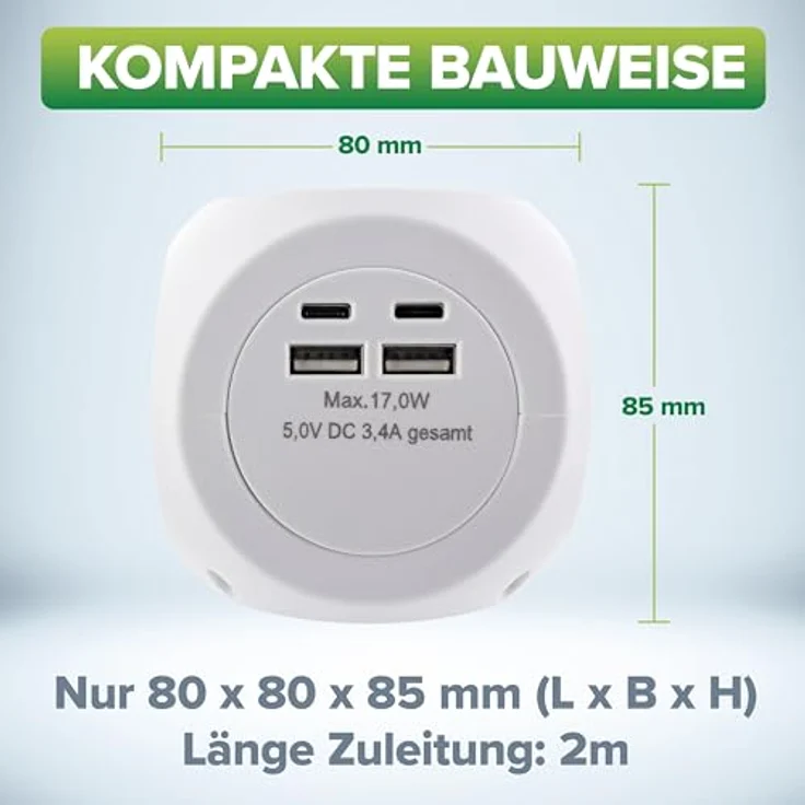 InLine 7-in-1 Steckdosenwürfel mit USB, Charging Cube, 3X Schutzkontakt, 2X USB-C, 2X USB-A, mit Schalter, 2m Kabel, Steckdosenleiste, Mehrfachstecker, Tischsteckdose, 3680W, weiß – Bild 2