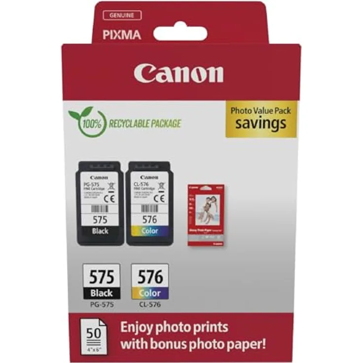 Canon PG-575/CL-576 Photo Value Pack, 2-tlg Druckerpatronen mit 100 A4-Seiten pro Patrone und 50 Blatt GP-501 Foto Glanzpapier 10 x 15 cm