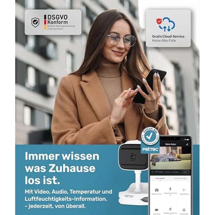PetTec® Cam Feel Sensor - Überwachungskamera Innen für Haustiere & Babys mit App [HD+] - Haustierkamera Hundekamera mit Bewegungs- & Geräuscherkennung - Babyphone mit Kamera & Nachtsichtfunktion – Bild 3