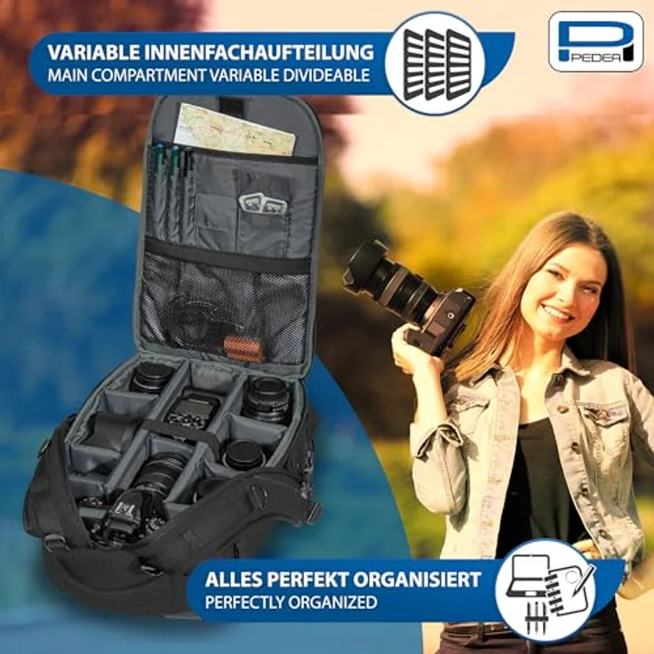 PEDEA DSLR-Kamerarucksack Fashion Fotorucksack für Spiegelreflexkameras mit wasserdichtem Regenschutz und Variabler Inneneinteilung (Rucksack, schwarz) – Bild 6