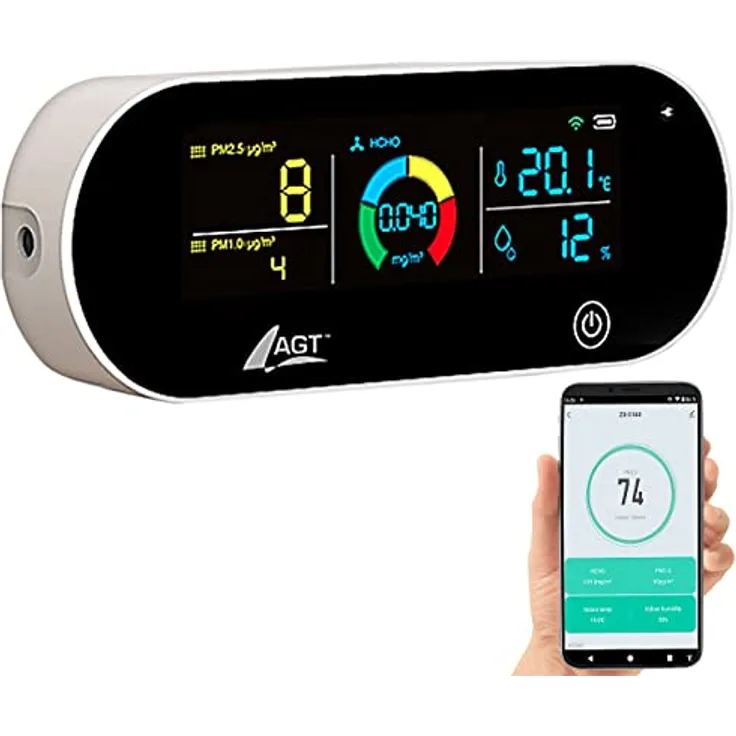 AGT Raumluftmessgerät: 5in1-Akku-Luftqualitätsmesser, HCHO, PM1/2,5, Temperatur u.v.m., App (Feinstaubmessgerät, Luftmessung, Gesundheit)