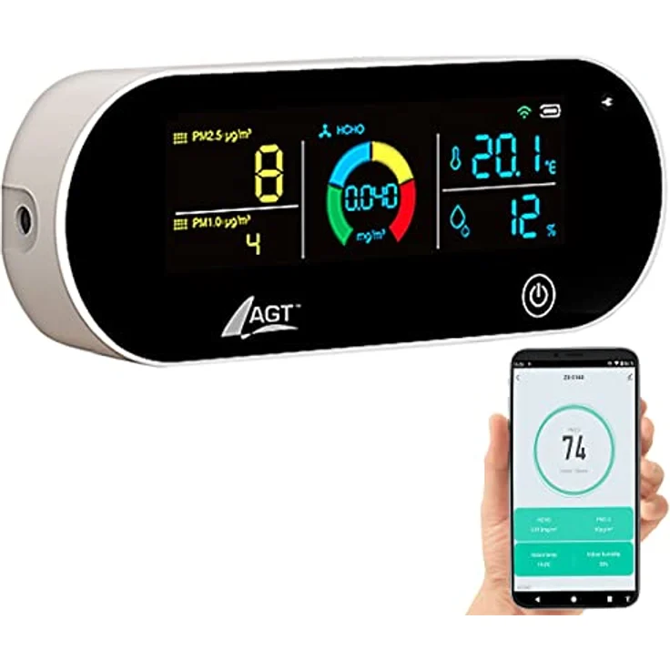 AGT Raumluftmessgerät: 5in1-Akku-Luftqualitätsmesser, HCHO, PM1/2,5, Temperatur u.v.m., App (Feinstaubmessgerät, Luftmessung, Gesundheit) – Bild 1