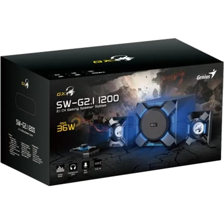 Genius HP SW-G2.1 1200 Gaming System 2.1 Leistung 36 Watt RMS, PC-Lautsprecher mit blauer Hintergrundbeleuchtung