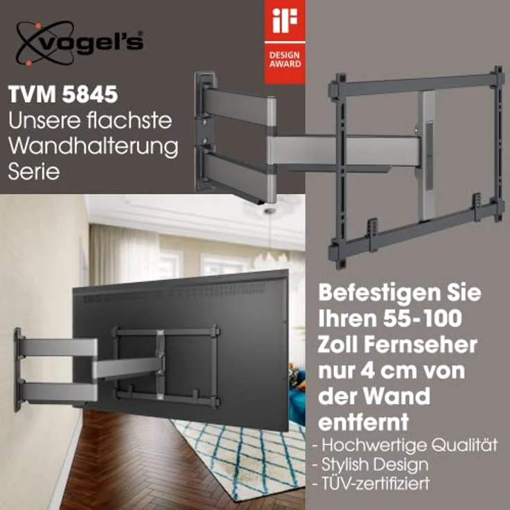 Vogel's Elite 5845 Schwenkbare, ultradünne TV-Wandhalterung für 55-100 Zoll Fernseher, Max. 55 kg, Schwenkbar bis zu 180°, Full-Motion TV Halterung max. VESA 600x400, Universelle Kompatibilität – Bild 2