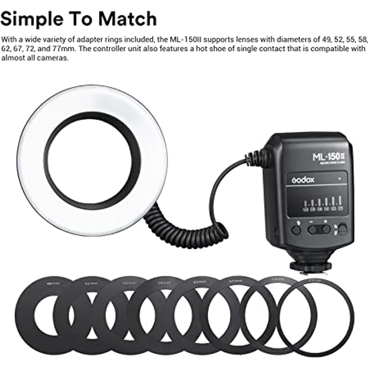 Godox ML150II Makro Ringblitz - Perfektes Licht für Makrofotografie - 4xAA Alkaline-Batterien - Einstellbare Helligkeit - Hohe Leitzahl GN12 – Bild 4