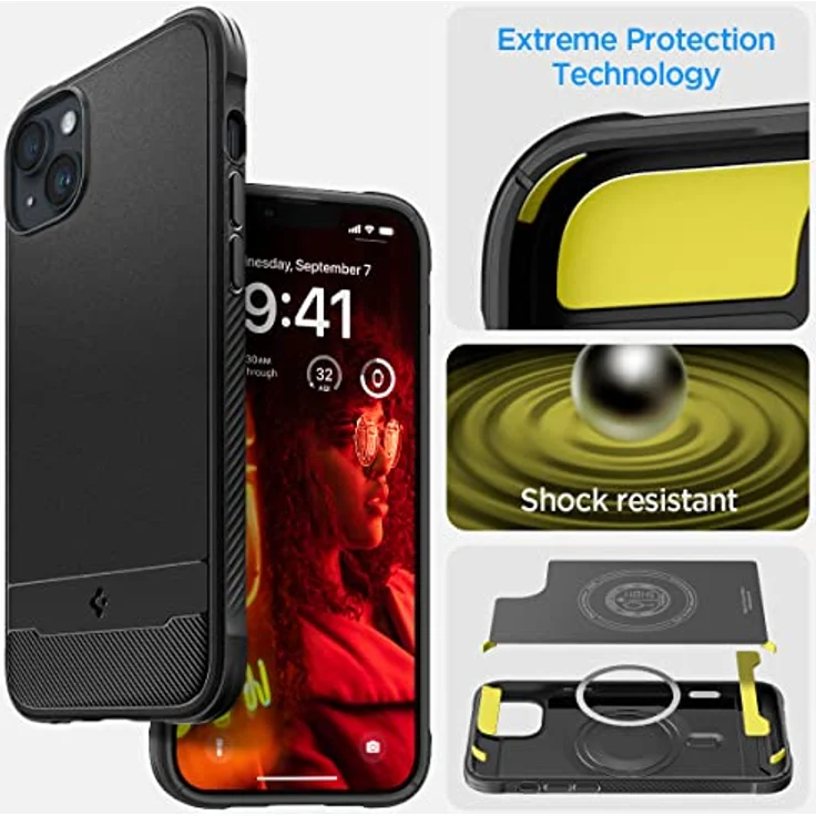 Spigen Rugged Armor MagFit Hülle Kompatibel mit iPhone 14 -Matte Black, Integriertes Magnet, Karbon Look, Air Cushion Technologie – Bild 4