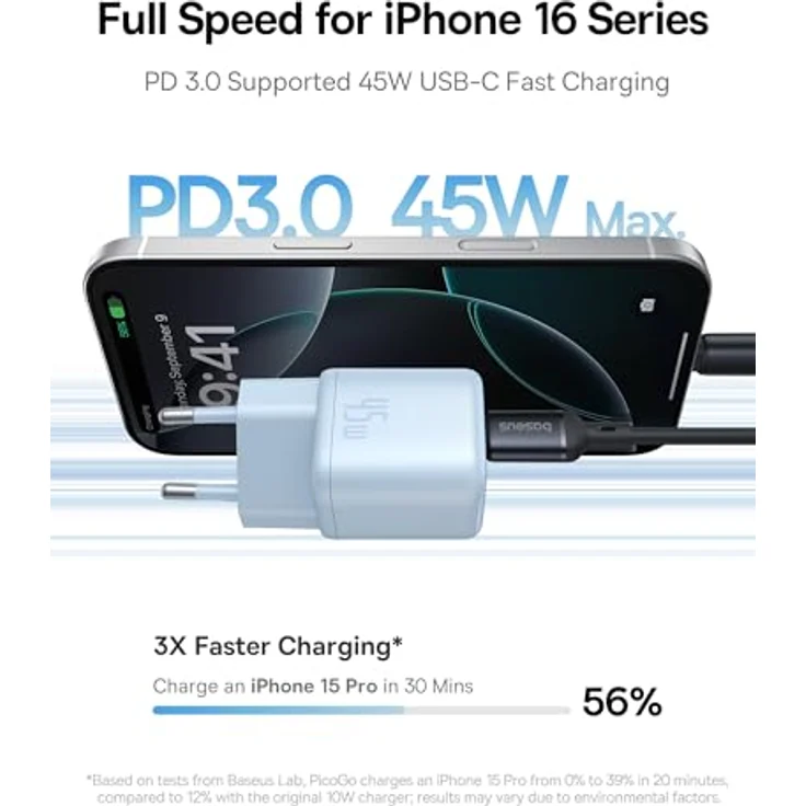 Baseus PicoGo 45W USB C Ladegerät, PD 3.0 PPS Schnellladegerät für iPhone 16/16 Pro Max/15-12, Galaxy S24 Ultra, kompakt und kühlend, blau – Bild 2