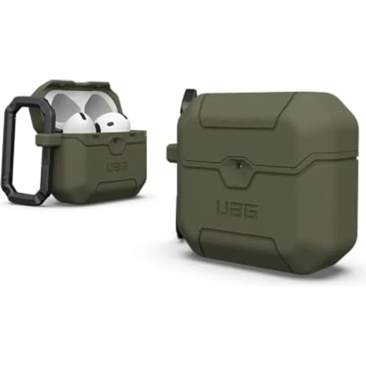 URBAN ARMOR GEAR Scout Case für Apple AirPods 4, Wireless-Charging kompatibel, magnetische Aufladung, abnehmbarer Karabinerhaken, olive