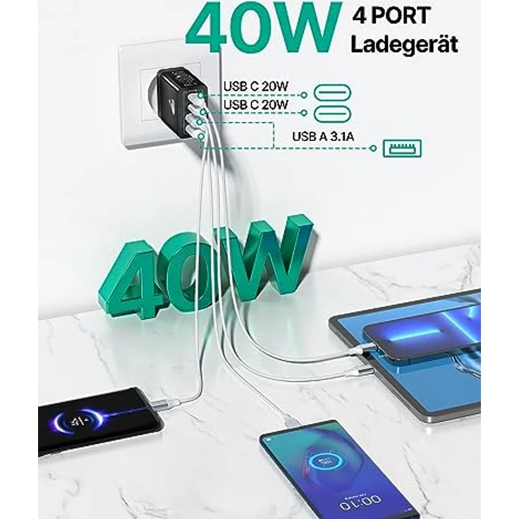 Aioneus 2-Pack USB C Ladegerät, 40W 4-Port Adapter mit PD 3.0, Schnellladegerät für iPhone und Samsung, Weiß – Bild 2