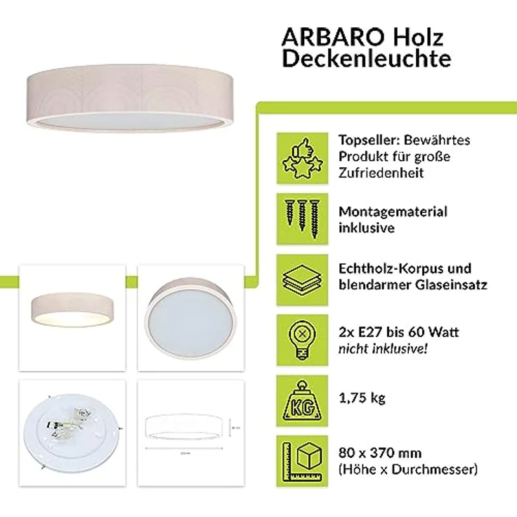 Licht-Erlebnisse Deckenlampe ARBARO Glas Holz geweißt Ø37 cm E27 2-flammig blendarm Wohnzimmer – Bild 2