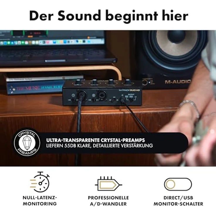 M-Audio M-Track Duo HD Producer Pack, 2-Kanal USB Audio Interface mit M100 Kondensatormikrofon und HDH41 Studio Monitoring Kopfhörern für Aufnahmen, 24-Bit/192kHz, schwarz – Bild 4