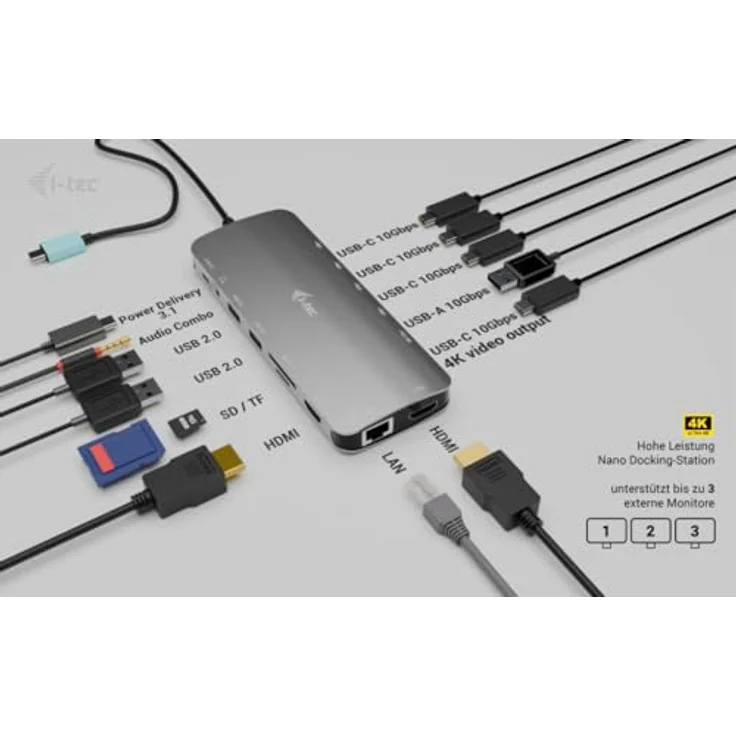 iTEC USB-C Metal Nano Dock 2x HDMI 1x Video GLAN Audio/Mic 1xSD/microSD, Vielseitige Dockingstation mit 140 Watt Ladeleistung, Robuste Metallkonstruktion – Bild 5