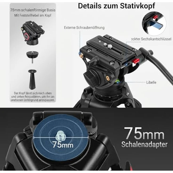 Neewer TP74 Videostativ mit Fluidkopf, QR Platte, höhenverstellbar 86-187 cm, für DSLR Kameras, Tragfähigkeit 8 kg – Bild 7