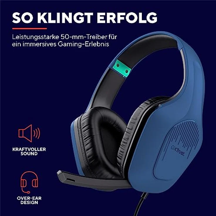 Trust Gaming GXT 415B Zirox Leichtes Gaming Headset mit 50-mm-Treiber für PC, Xbox, PS4, PS5, Switch, Mobile, 2-m-Kabel, 3,5-mm-Audioanschluss, Over-Ear Kopfhörer mit Kabel - Blau – Bild 3