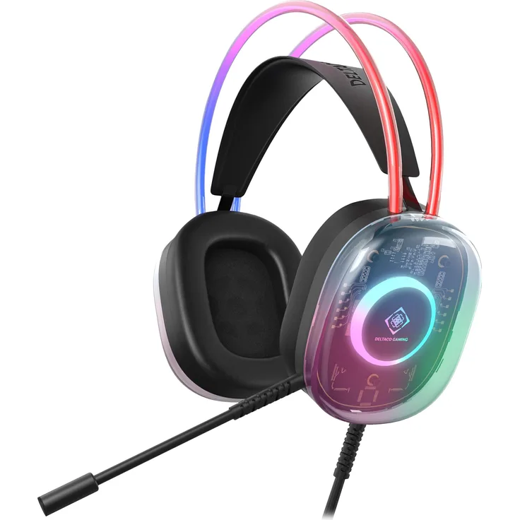 Deltaco DH230 Gaming Headset, Kabelgebunden mit transparenten Hörmuscheln, Regenbogen-LEDs und flexiblem Mikrofon