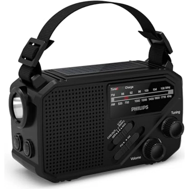 Philips TAR1609 FM/AM-Kofferradio mit internem aufladbarem Akku, AAA-Batterie und Kurbel, Solarzelle, integrierte LED-Leuchte und Taschenlampe - Schwarz – Bild 1