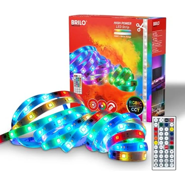 BRILONER LED Strip 5m, RGB IC Lichtleiste mit Fernbedienung, dimmbar, CCT, spritzwassergeschützt, 5000x10x3 mm, Weiß
