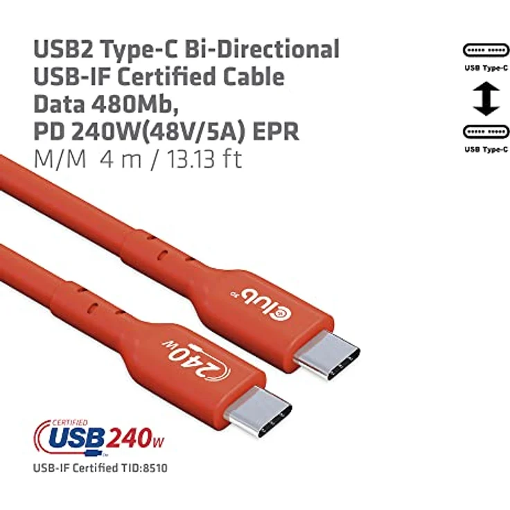 Club 3D CAC-1515 USB2 Typ-C Bi-Direktionales USB-IF Zertifiziertes Kabel 480Mb, PD 240W(48V/5A) EPR St./St. 4m – Bild 5