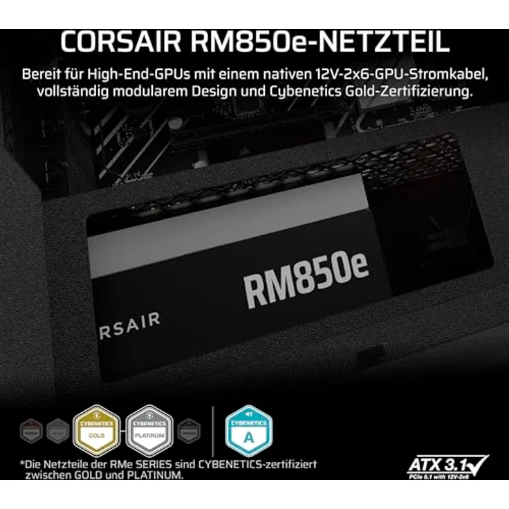 CORSAIR RM850e (2025) Fully Modular Low-Noise ATX Power Supply - Cybenetics Gold Efficiency, 105°C-Rated Capacitors, Modern Standby Mode, Black – Bild 2