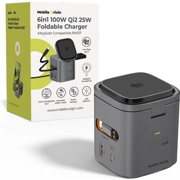 Mobile Origin PW37, 100W Qi2 Falt-Ladegerät mit 6-in-1-Funktion für Laptops und Smartphones, grau