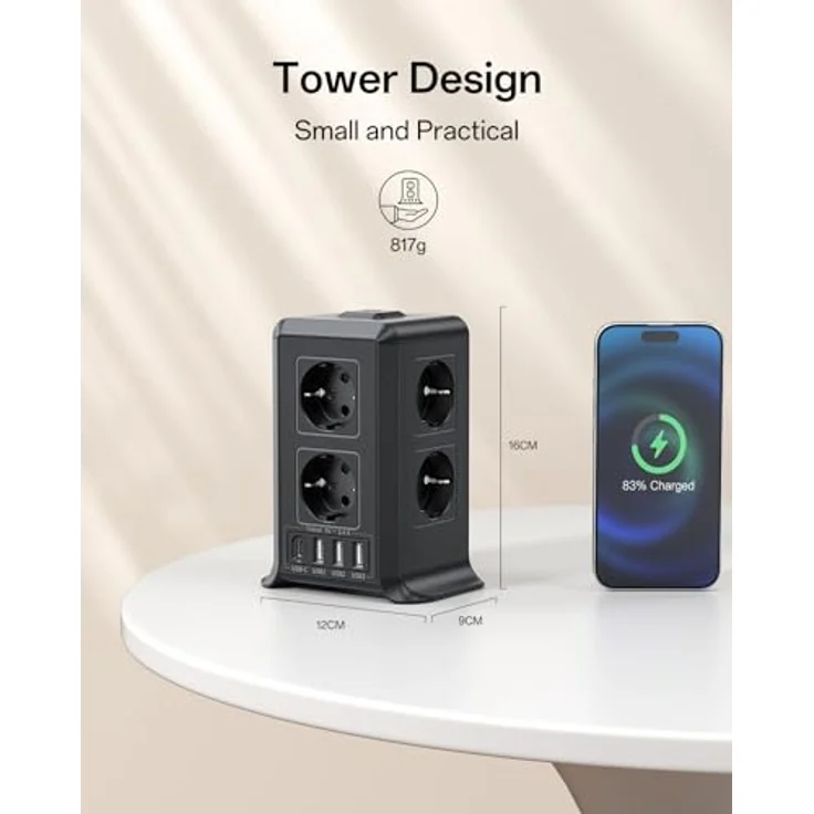 KEMELO Mehrfachsteckdose 8-fach mit USB-C, 3M Verlängerungskabel, Überspannungsschutz, kompaktes Turmdesign für Zuhause und Büro, 2500W – Bild 5