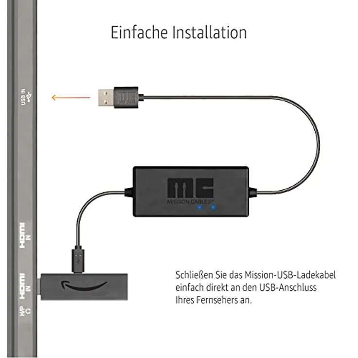Mission USB Stromkabel - Ladekabel - Power Kabel für Amazon Fire TV Stick 4K mit erweiterten Batterie-Management und integriertem 2000mAh Lithium-Ionen-Akku - Schwarz - MC45 – Bild 4