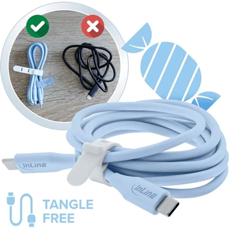 InLine Colour your Charge USB C Kabel 100W, PD Schnellladekabel, Silikon, flexibel, für iPhone, iPad, Galaxy S23, Pixel, 1m, Eisbonbon (blau), 35891B – Bild 3