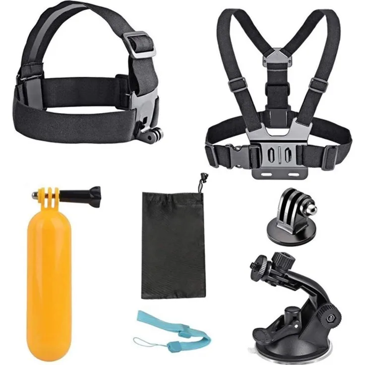 Akaso Action Camera Zubehör Set, 7 Teile mit Brustgurt, Kopfband, Schwimmhalterung, Saugfuß und Tripod-Adapter