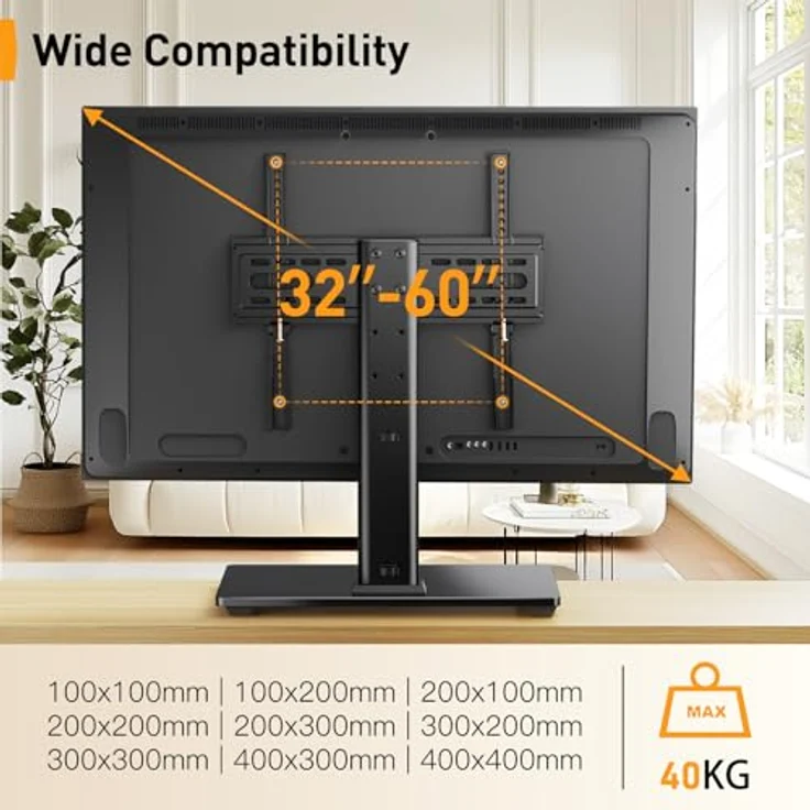 Perlegear TV Standfuß TV Ständer für 23-55 Zoll OLED LCD Plasma Flach & Curved Fernseher Oder Monitor bis zu 40kg. Max.VESA 400x400mm – Bild 2