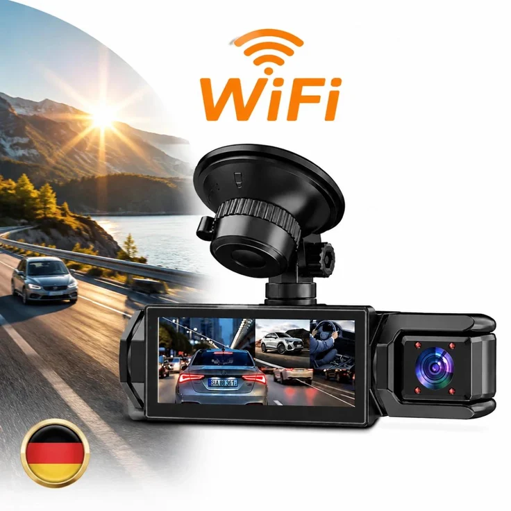 PLAXSOON 3 Lens Dashcam, Auto KFZ DVR Kamera mit 1080P, G-Sensor, WiFi, Infrarot-Nachtsicht, 3-Kanal Aufnahme und 24h Parkmodus