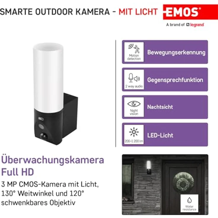 Emos GoSmart Rotierende Outdoor IP Kamera mit WiFi und Licht IP-310 TORCH, schwarz (2304 x 1296 Pixels), Netzwerkkamera, Schwarz – Bild 2