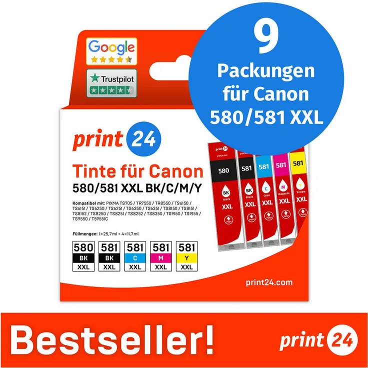 print24 PGI-580/581 XL Tintenpatronen, 9-tlg. Multipack kompatibel mit Canon, hohe Füllmenge, brillante Farbdrucke, schwarz, cyan, magenta, gelb