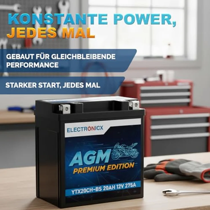 Electronicx YTX20CH-BS AGM Motorradbatterie 20Ah 12V - wartungsfrei, auslaufsicher, rüttelfest für Motorrad, Roller, Quad, ATV und Jetski – Bild 4