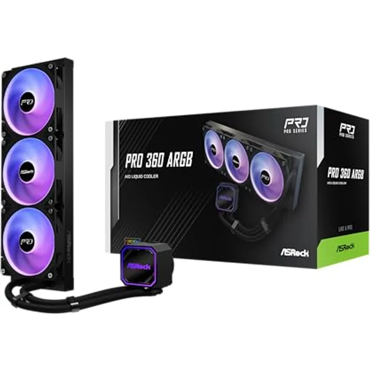 ASRock Pro 360 ARGB Black, AiO-Wasserkühlung mit 360mm Radiator, 3x 120mm Lüfter, kompatibel mit Intel LGA1851 / LGA1700 und AMD AM5 / AM4