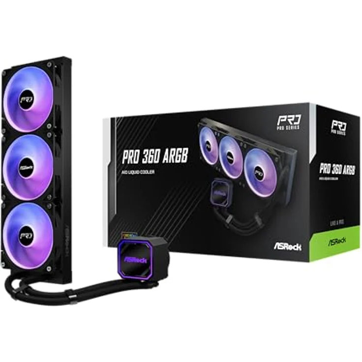 ASRock Pro 360 ARGB Black, AiO-Wasserkühlung mit 360mm Radiator, 3x 120mm Lüfter, kompatibel mit Intel LGA1851 / LGA1700 und AMD AM5 / AM4 – Bild 1