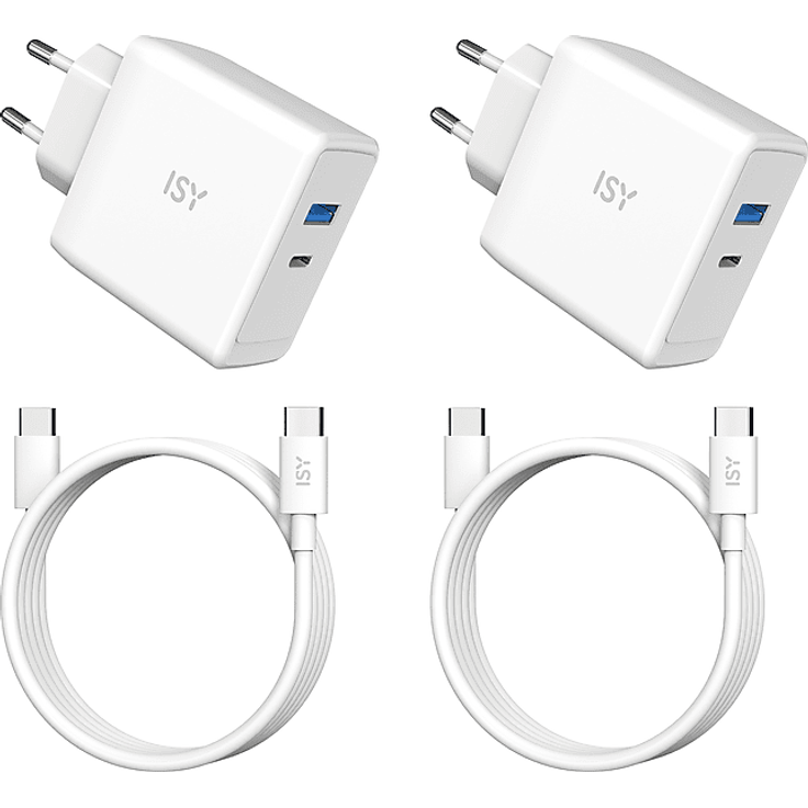 ISY IAC 5265 Doppelpack 65W GaN Ladegerät mit Kabel, Weiß