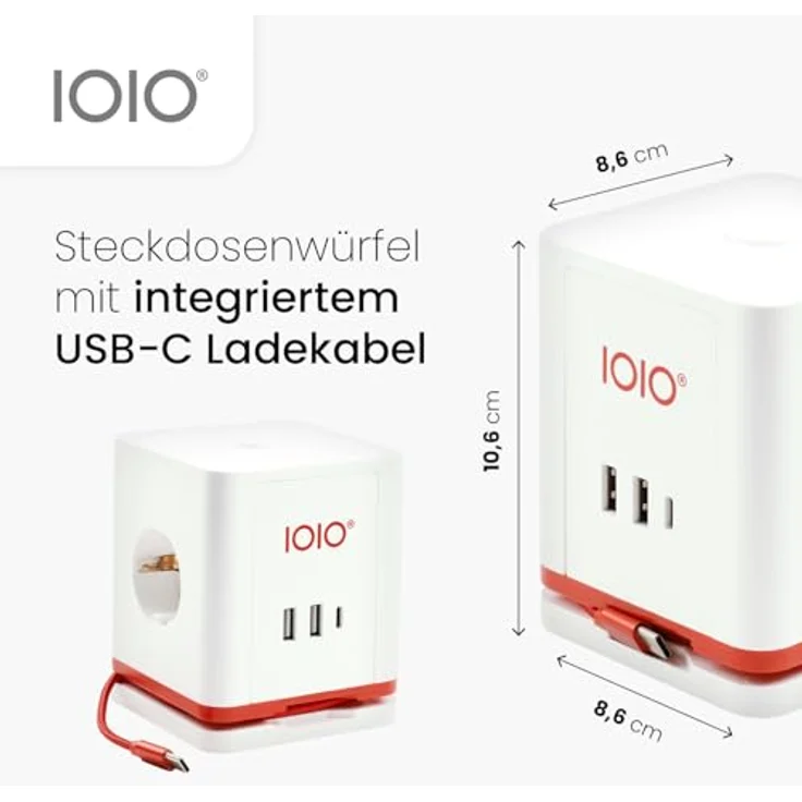 Olympia IOIO Steckdosenwürfel SW 1000, 3-Fach Schutzkontaktsteckdose mit 2x USB-A & 1x USB-C, EIN-/Aus-Schalter, aufrollbares USB-C Kabel, 16A/230V, 3680W, weiß – Bild 2