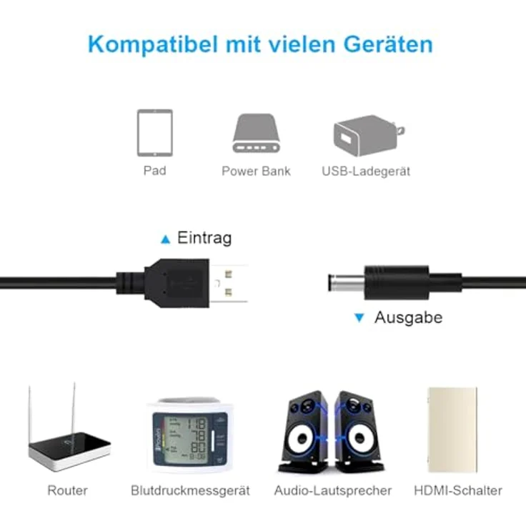 Aukson B62 USB auf DC 5.5 x 2.1mm Ladekabel, 50cm, 5V Power Kabel für Geräte mit Power Regulator – Bild 4