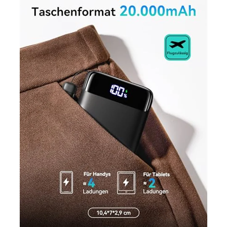 INIU Power Bank 20000mAh, kompakte 22,5W Schnelllade-Powerbank mit USB-C In & Out, PD3.0 QC4.0, kompatibel mit iPhone 16/15/14/13 Pro Max und Samsung S24, inkl. Taschenformat & Taschenlampe – Bild 2