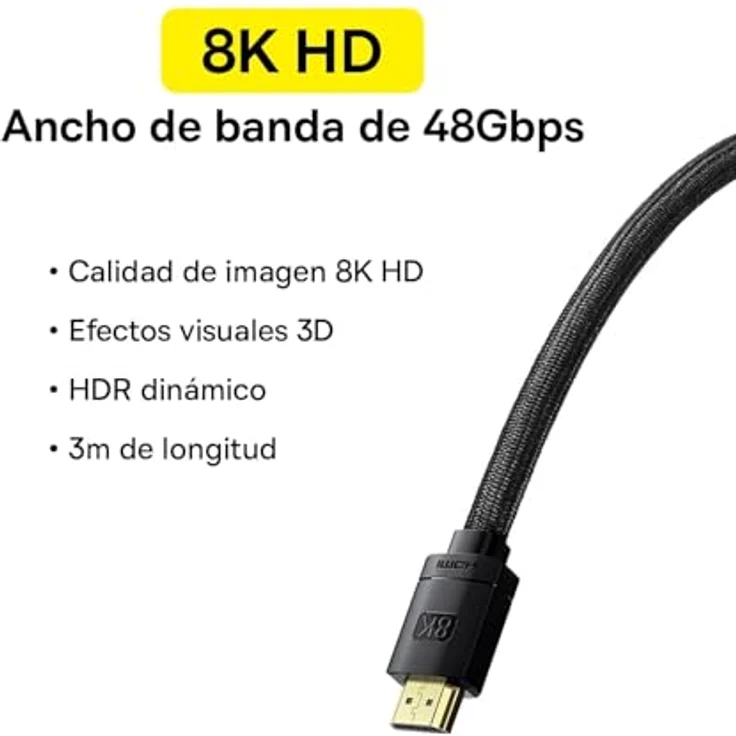 Baseus Cabo Cakgq-L01 3M HDMI 2.1 8K 60Hz 48Gbps / 4K 120Hz / 2K 144Hz 3D eARC QMS - Schwarz – Bild 3