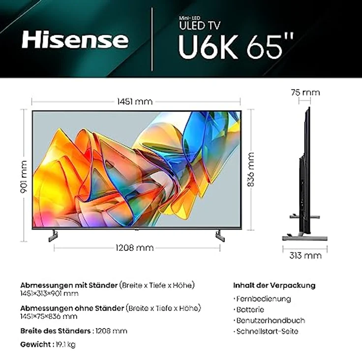 Hisense 65U6KQ 164 cm (65 Zoll) Fernseher 4K Mini LED ULED HDR Smart TV, Quantum Dot, 60Hz, HDMI 2.0, Game Mode Plus, Dolby Vision & Atmos, Bluetooth, Alexa Built-in, anthrazit [2023], Schwarz – Bild 2