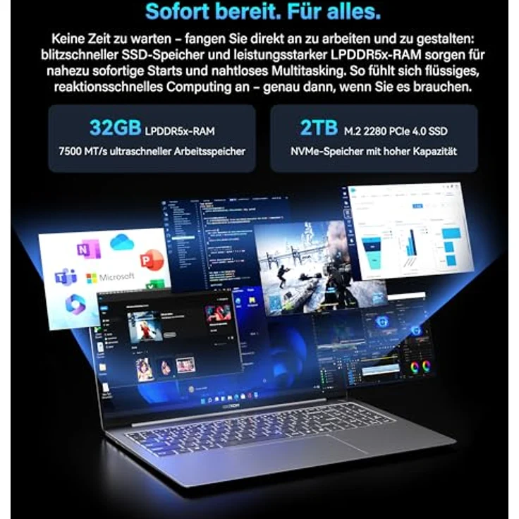 GEEKOM GeekBook X16 Pro, 16" 2.5K Business-Laptop, Intel Core Ultra 9, 32GB RAM, 2TB SSD, Metallgehäuse, bis zu 17h Akku, Windows 11 Pro – Bild 5