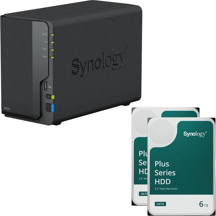 Synology DiskStation DS223, 2 Einschübe NAS-Server Leergehäuse mit 2x 6 TB SATA HDD, schwarz