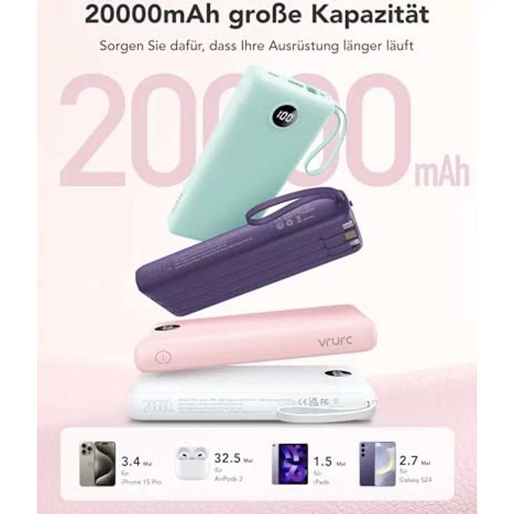 VRURC Powerbank 20000mAh, 22.5W Schnellladung, tragbares Ladegerät mit 4 Kabeln und LED Display, rosa – Bild 2