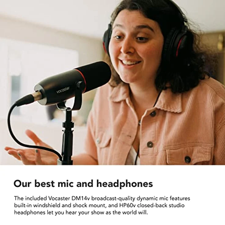 Focusrite Vocaster Two Studio – Podcast-Audio-Interface für Aufnahmen von Moderator und Gast, mit dem dynamischen Mikrofon DM14v in Studioqualität den Kopfhörern HP60v – Bild 3