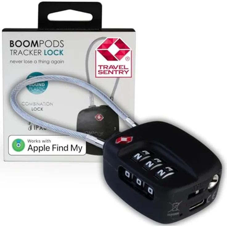 Boompods Tracker Lock, TSA-zugelassenes Gepäckschloss mit Ortungsfunktion, wasserdichtes Zahlenschloss in Grau, kompatibel mit Android und Apple