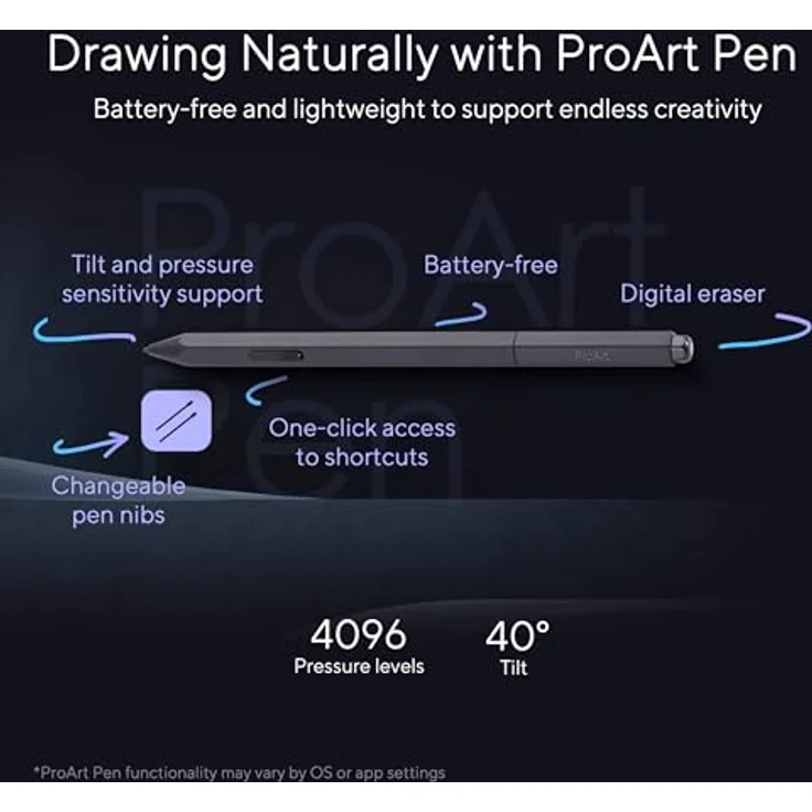 ASUS Proart Pen MPA01 Digitaler Stift mit WACOM EMR-Technologie, Druckempfindlichkeit von 4096 Stufen und 40°, Schwarzenachtschwarz – Bild 3
