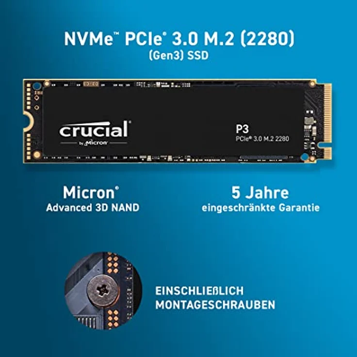 Crucial P3 500GB M.2 PCIe Gen3 NVMe Intern SSD, Bis zu 3500MB/s - CT500P3SSD8 – Bild 2