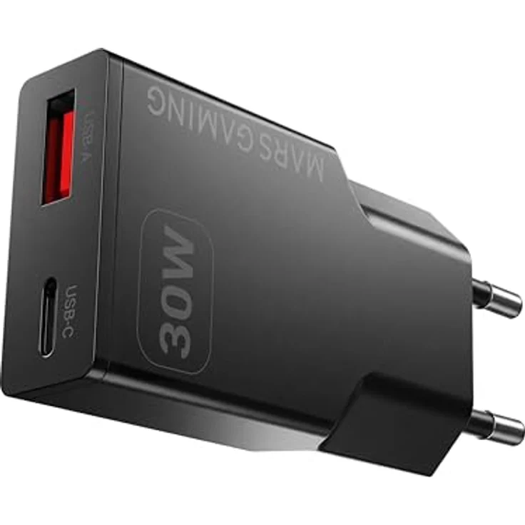 Mars Gaming MD-GAN30, USB-Ladegerät 30W mit PD 3.0 und QC 3.0, GaN-Technologie, ultrakompakt, 9 Sicherheitsfunktionen, USB-C und USB-A, Schwarz – Bild 1